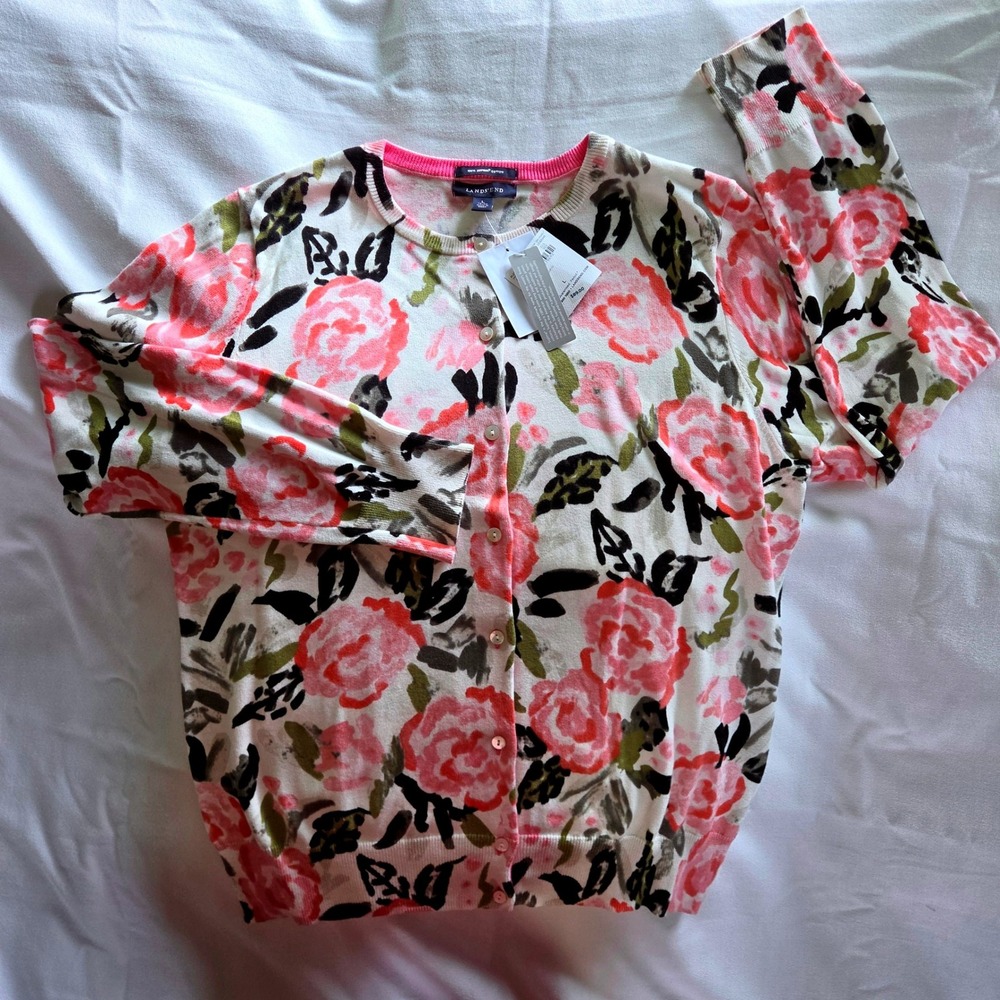 Lands End Cardigan Women Large Fresh Pink Roses NEW Floral Supima Cotton 426148